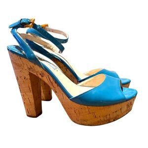 Prada Teal Patent Leather Cork Heels Sz. 38 (US 7)